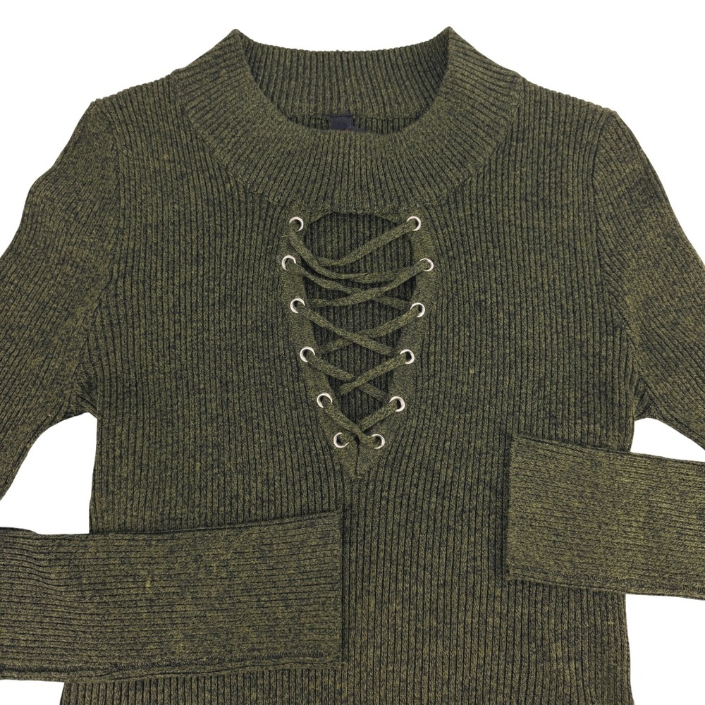 VTG Y2K YOKI Olive Green Ribbed Lace Up Mock Neck Long Sleeve Sweater Women's XL